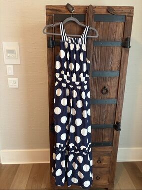 Anthropologie Navy Polka Dot Maxi Sundress with Strappy Shoulders